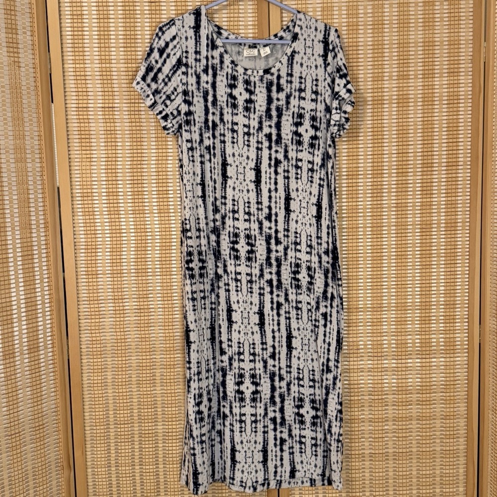 C&C California Womens L Dress Tye Dye Navy White Short Sleeve Boho Hippie Casual